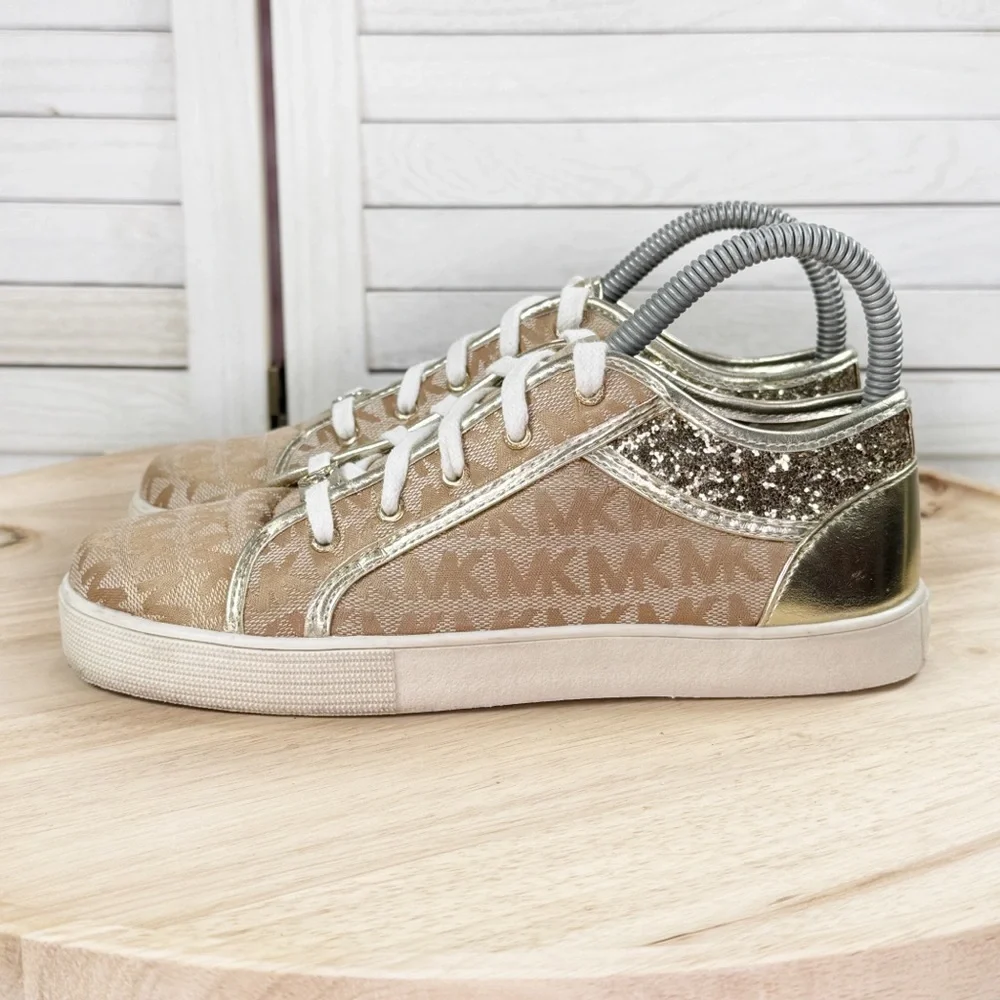 Michael Kors Cali Starla 2‎ Logo Jacquard Glitter Sneakers Tan Gold 3 Big Kids